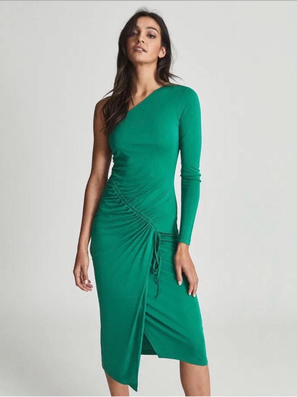Reiss Green One-Shoulder Ruched Tie Midi Dress